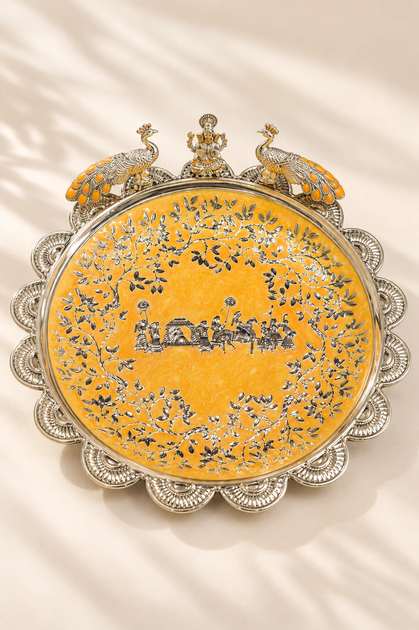 Meenakari Embossed Peacock & Ganesha Festive Pooja Plate
