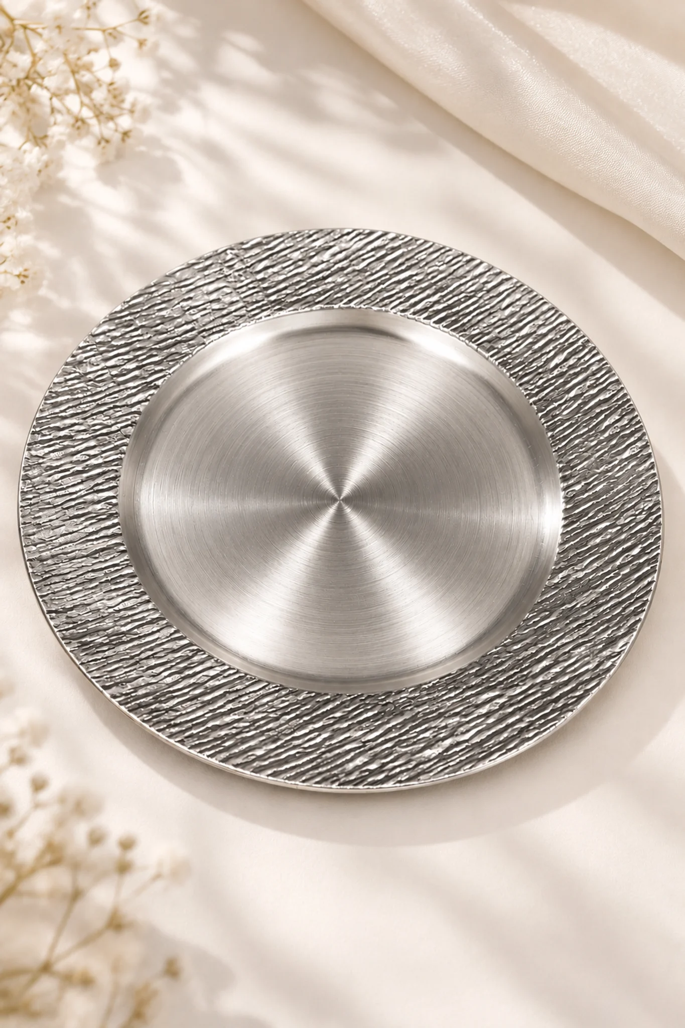 Antique Brass Round Charger Plate with Textured Rim
