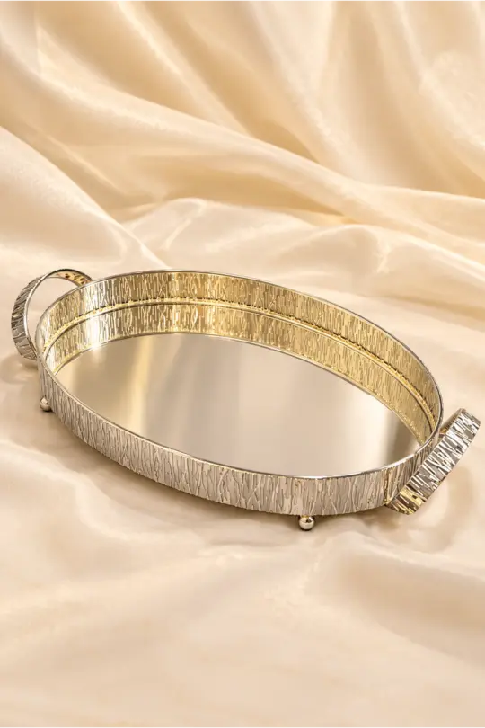 German Silver Style Textured Rim Mirror Tray with Handles