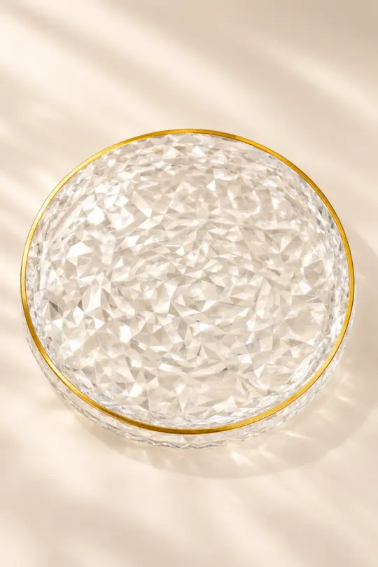 Crystal Diamond Cut Round Glass Tray with Gold Rim