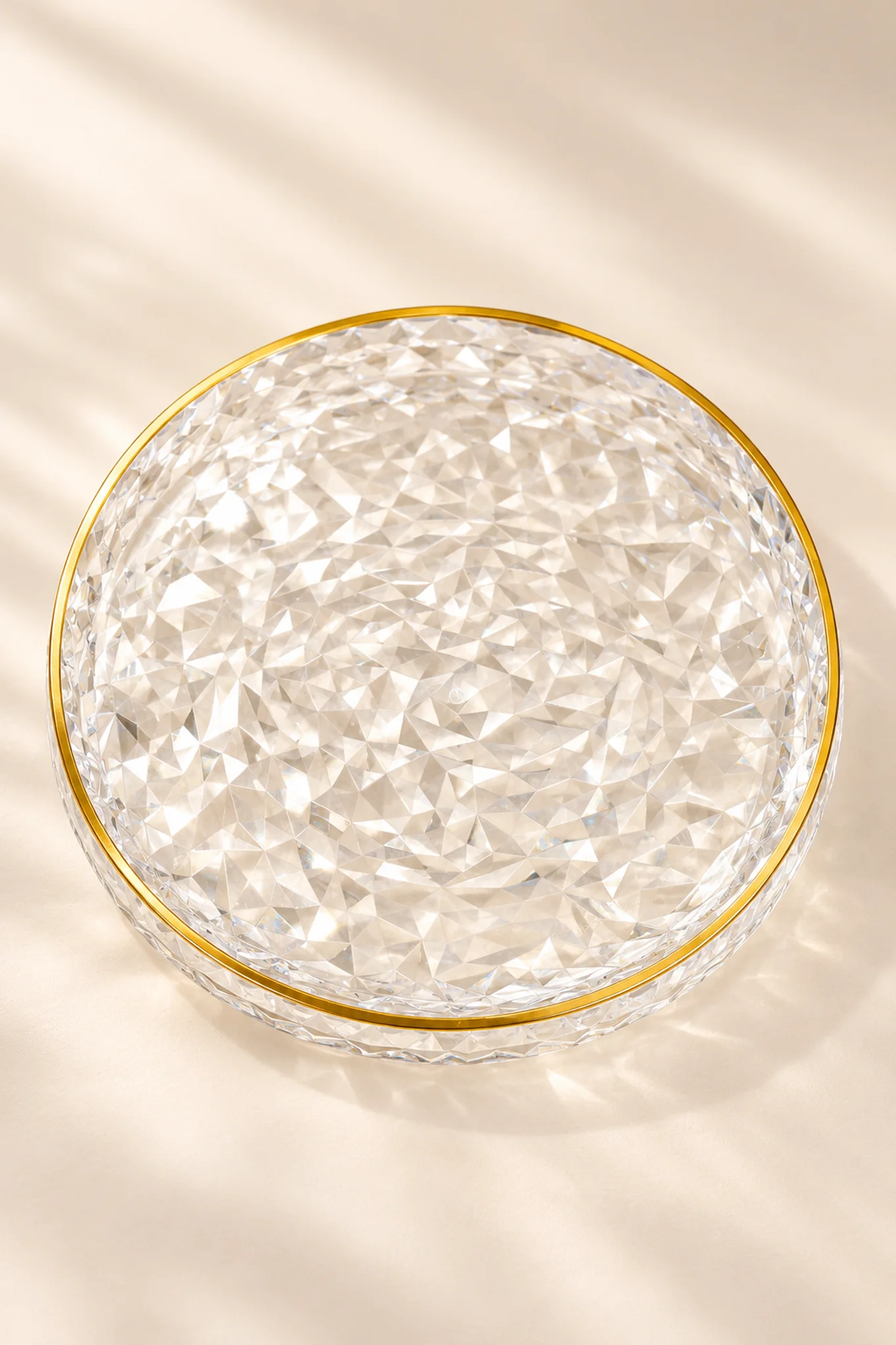 Crystal Diamond Cut Round Glass Tray with Gold Rim