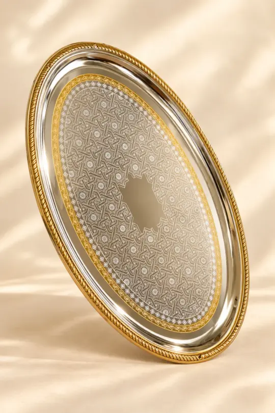 Two-Tone Oval Serving Platter Tray with Braided Gold Rim