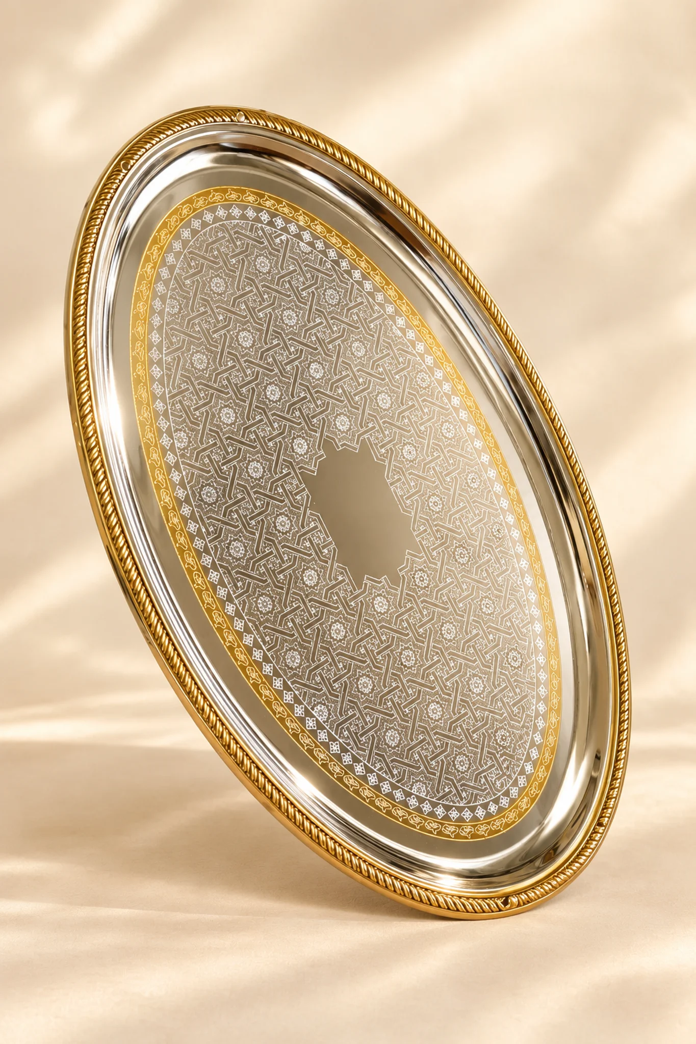 Two-Tone Oval Serving Platter Tray with Braided Gold Rim