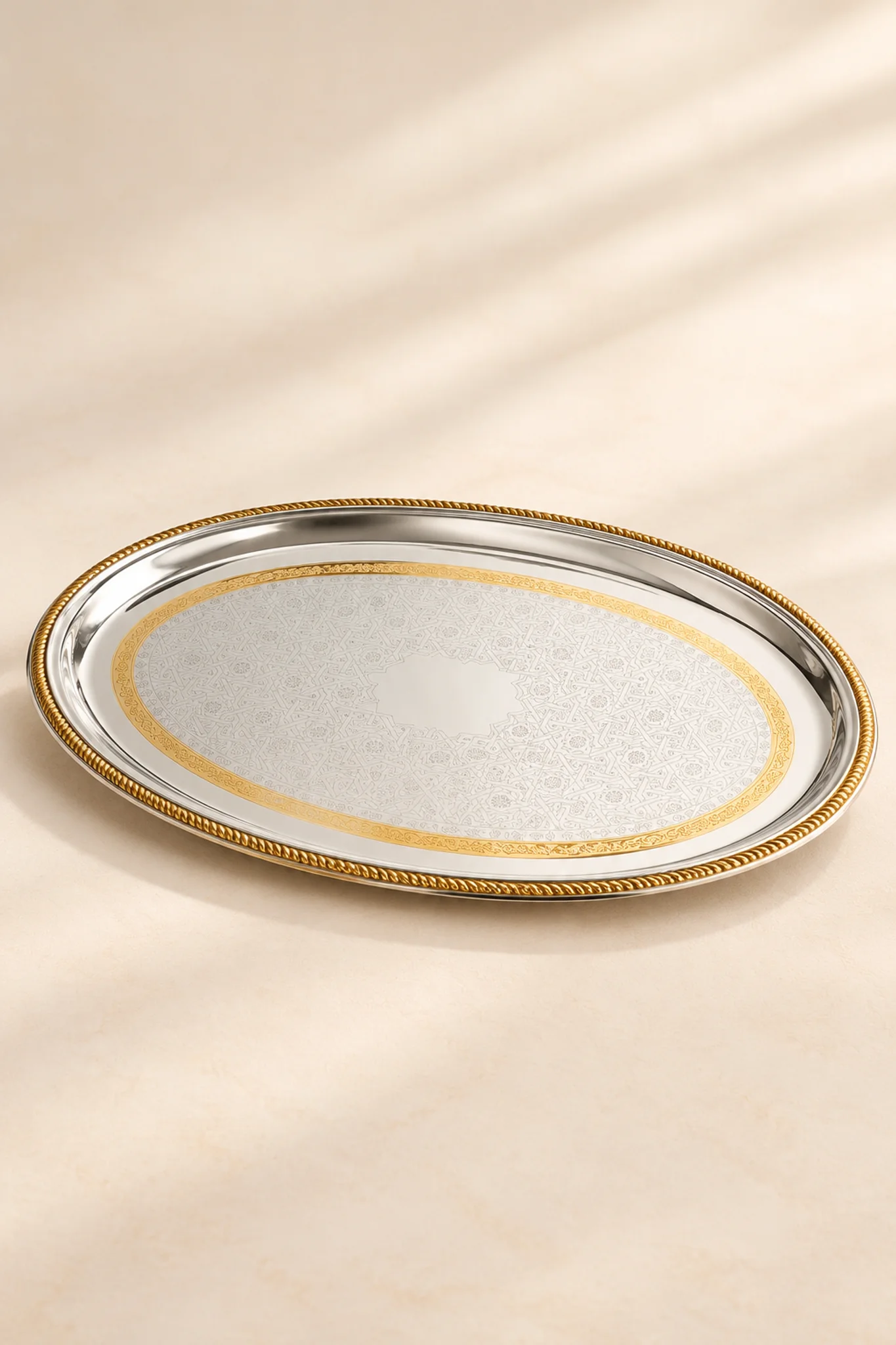 Two-Tone Oval Serving Platter Tray with Braided Gold Rim - Image 2