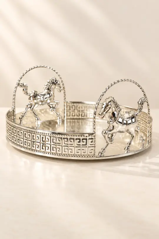 German Silver Twin Horse Hamper Tray with Handles