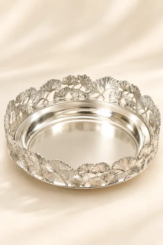 German Silver Ginkgo Leaf Border Round Platter