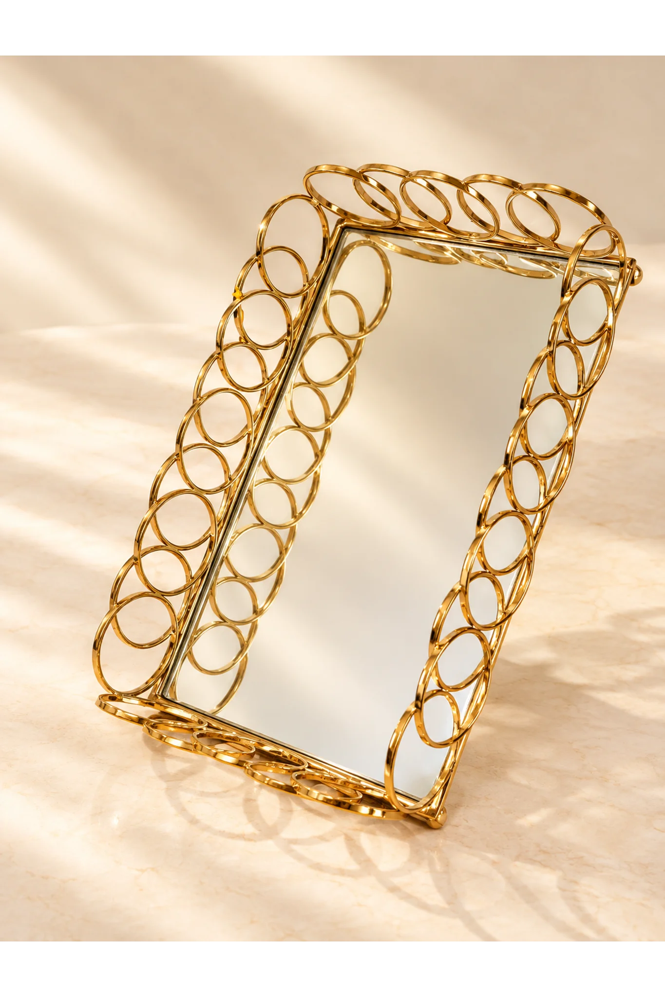 Gold Metal Interlocking Ring Rectangular Mirror Vanity Tray - Image 2