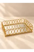 Gold Metal Interlocking Ring Rectangular Mirror Vanity Tray