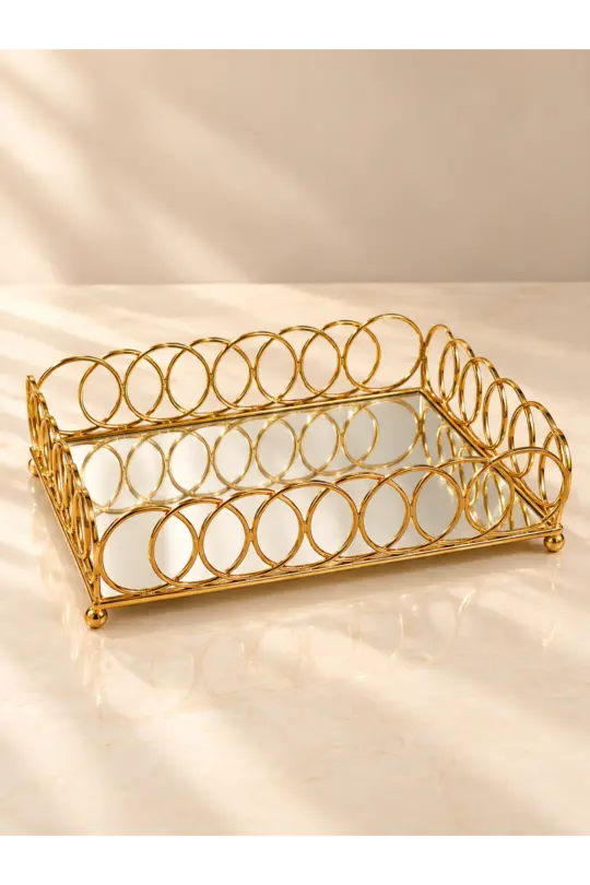 Gold Metal Interlocking Ring Rectangular Mirror Vanity Tray