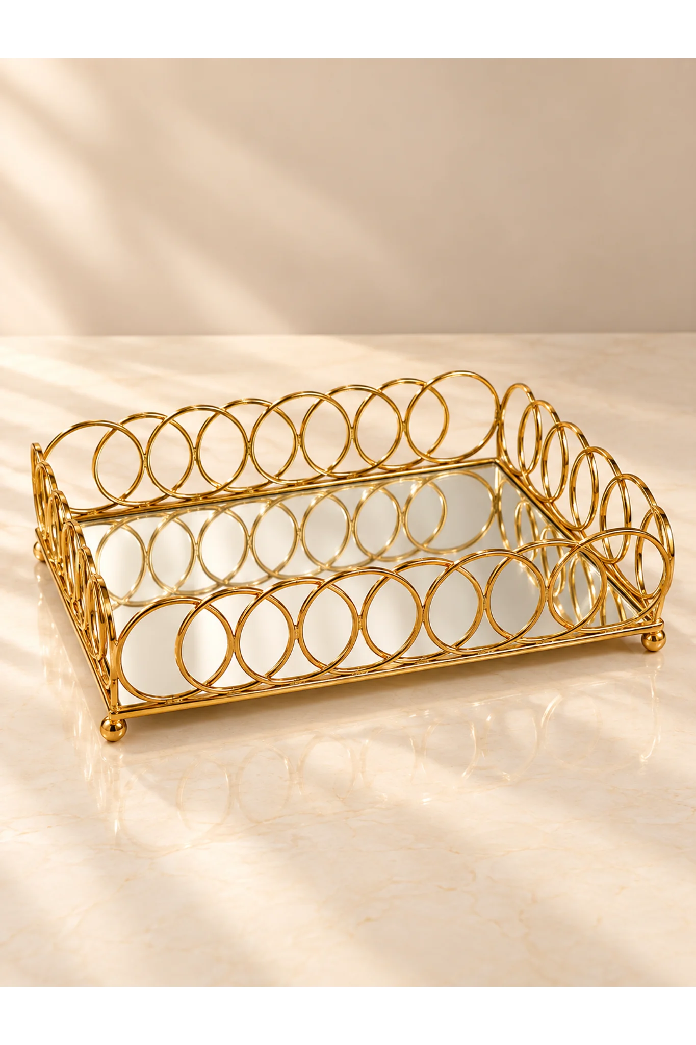 Gold Metal Interlocking Ring Rectangular Mirror Vanity Tray