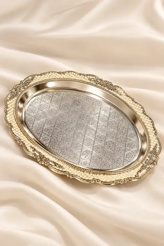 German Silver Ivory Enamel Pooja Thali