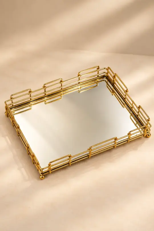 Gold Metal Railing Mirror Vanity Tray