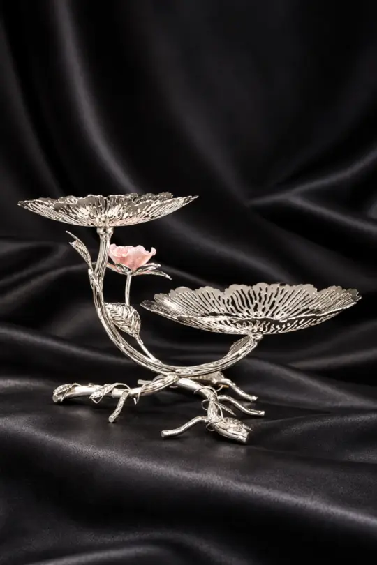 German Silver 2-Tier Floral Branch Sweet Platter