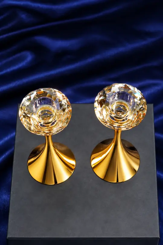 Modern Gold & Faceted Crystal Candlestick Holder Pair