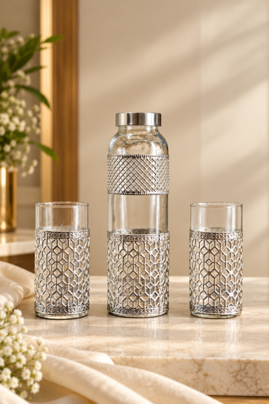 Silver Coated Glass Bottle & 2 Jars Set