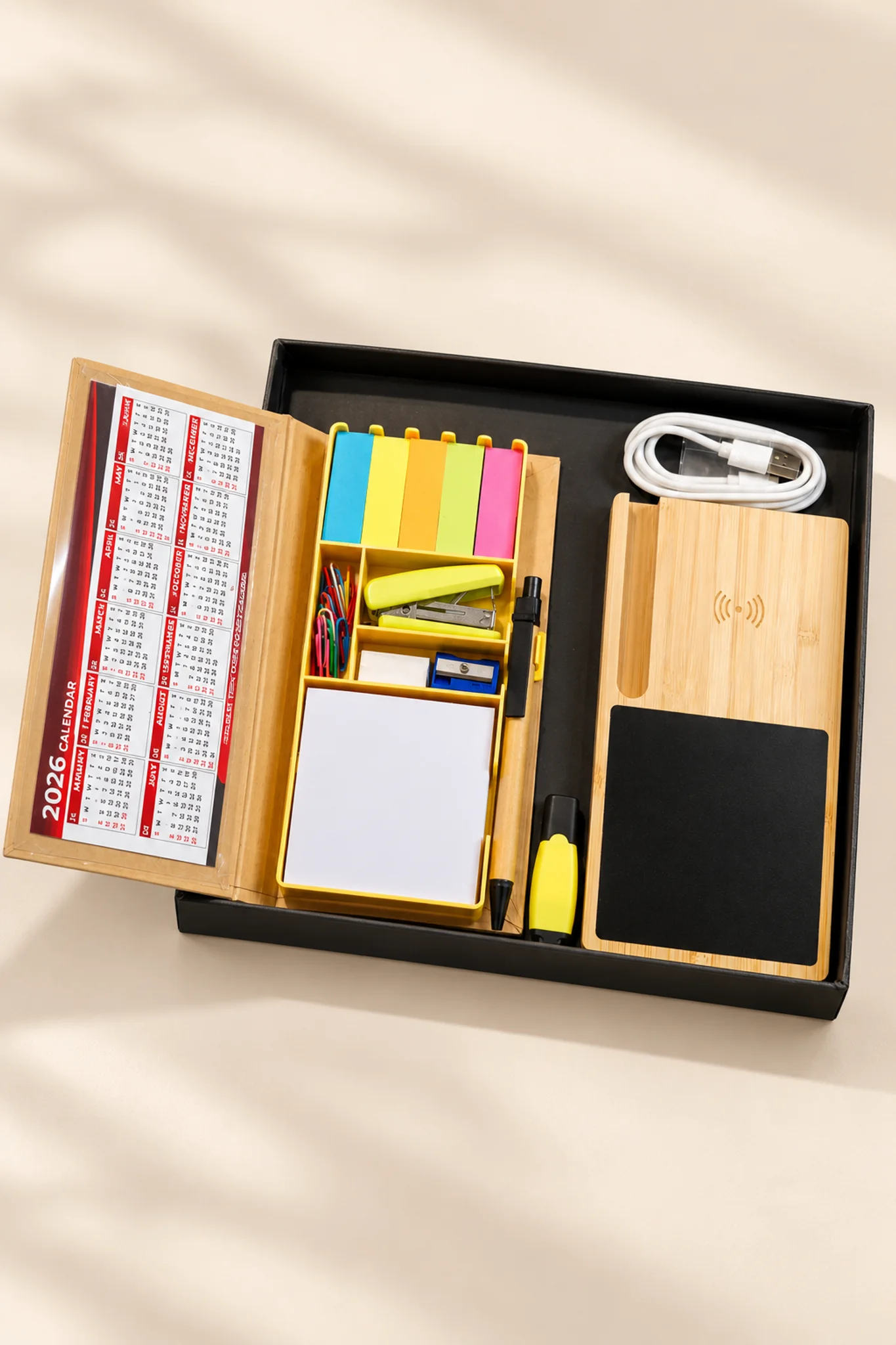 Eco-Friendly Bamboo Wireless Charger & Multi-Function Desktop Stationery Organizer Gift Set