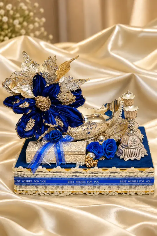 Handcrafted Velvet & Silver Ceremonial Gifting Tray Set