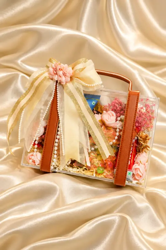 Luxury Transparent Trunk Gift Box with Leather Handles & Floral Accents