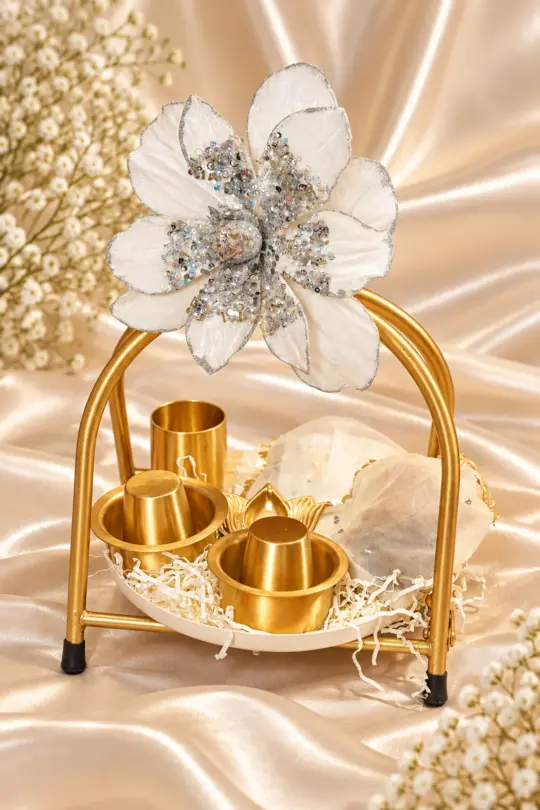 Handcrafted Ceremonial Trousseau Gifting Basket with Metallic Vati Bowls & Potli
