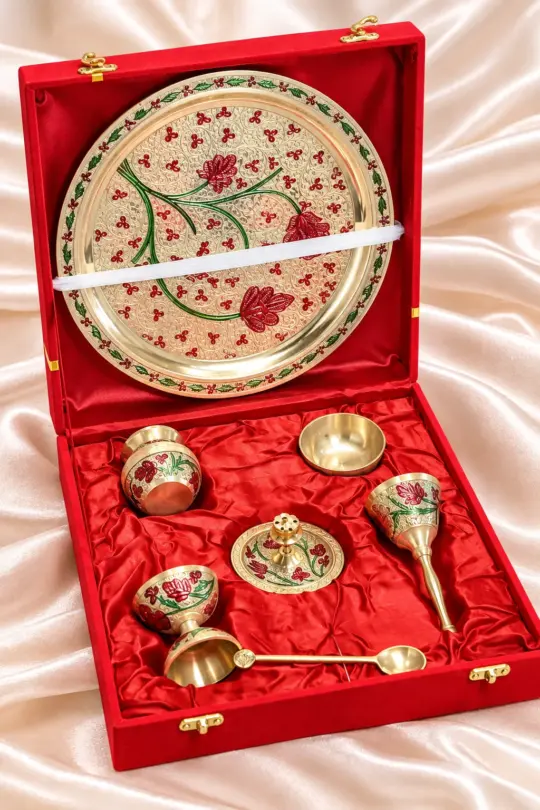 Pure Brass Silver Pooja Thali Set with Meena Work