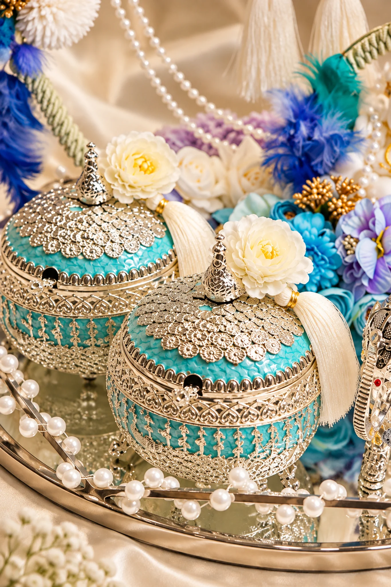 Luxury Ganesha Floral Mirror Ring Ceremony Tray - Image 2